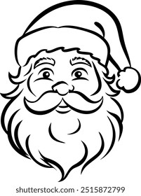 A black and white drawing of Santa Claus with a white background. The drawing is of a man with a beard and mustache, wearing a hat and a red nose