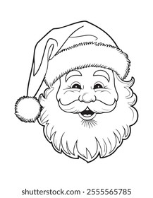 A black and white drawing of Santa Claus black and white drawing with a white hat and beard. The drawing is of a cartoon character.