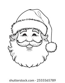 A black and white drawing of Santa Claus black and white drawing with a white hat and beard. The drawing is of a cartoon character.
