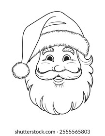 A black and white drawing of Santa Claus black and white drawing with a white hat and beard. The drawing is of a cartoon character.