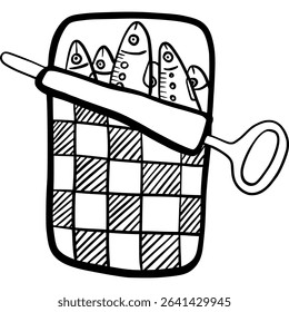 Black and white drawing of sardine can. Open sardine can with fish inside and a key opener, featuring a checkered design.