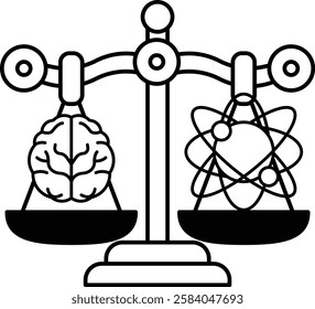 A black and white drawing of a scale with a brain on one side and a physics symbol on the other