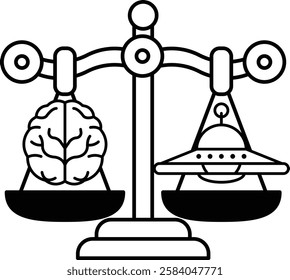 A black and white drawing of a scale with a brain on one side and an alien on the other. The scale is balanced, but the brain and the alien are not. The brain is larger and more prominent