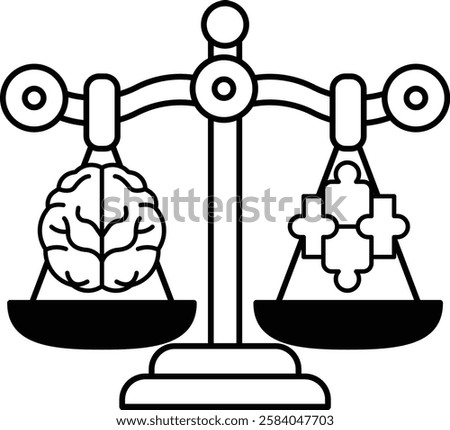 A black and white drawing of a scale with a brain on one side and a puzzle on the other. The scale is balanced, but the puzzle is not. The image conveys the idea that the brain is a complex