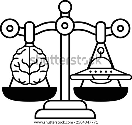 A black and white drawing of a scale with a brain on one side and an alien on the other. The scale is balanced, but the brain and the alien are not. The brain is larger and more prominent