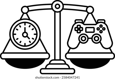 A black and white drawing of a scale with a clock on one side and a video game controller on the other. The scale is balanced