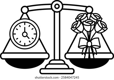 A black and white drawing of a scale with a clock on one side and a bouquet of flowers on the other