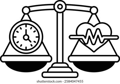 A black and white drawing of a scale with a clock on one side and a heart on the other. The clock is set to the time of 10:00