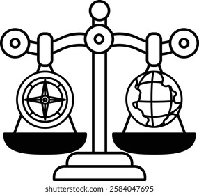 A black and white drawing of a scale with a compass on one side and a globe on the other