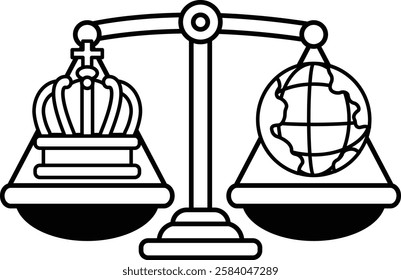 A black and white drawing of a scale with a crown on one side and a globe on the other