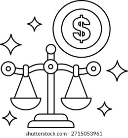 Un dibujo en blanco y negro de una escala con un signo de dólar en la parte superior y un signo de dólar en la parte inferior