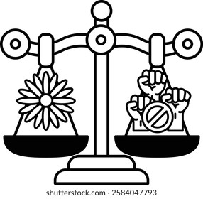 A black and white drawing of a scale with a flower on one side and a group of people with their hands up on the other side