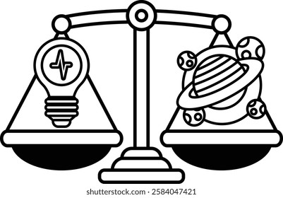 A black and white drawing of a scale with a light bulb on one side and a planet on the other. The light bulb represents an idea or a concept, while the planet represents a physical object