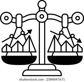 A black and white drawing of a scale with a line pointing upwards. The scale is balanced with two weights on each side