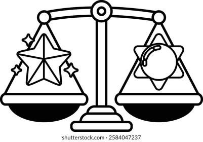 A black and white drawing of a scale with a star on one side and a ball on the other