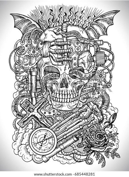 Black White Drawing Scary Skull Steampunk のベクター画像素材 ロイヤリティフリー Black White Drawing Scary Skull Steampunk のベクター画像素材 ロイヤリティフリー