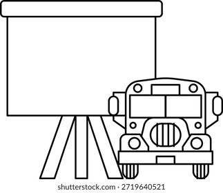 Un dibujo en blanco y negro de un autobús escolar y una pantalla de proyector. El autobús está estacionado en la carretera junto a la pantalla del proyector