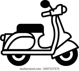 A black and white drawing of a scooter. The scooter is parked and has a seat