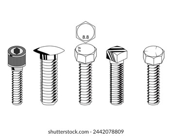 Black and white drawing of screws, icons