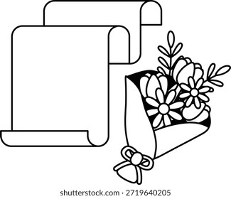 A black and white drawing of a scroll with a bouquet of flowers in a vase. The scroll is placed on a white background. The flowers are arranged in a way that they look like they are blooming