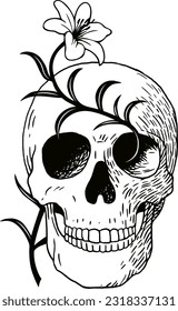 Black and white drawing of a scull with white Lily retro vintage line art isolated on white