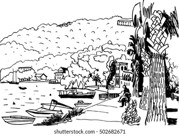 black and white drawing of a seaside landscape