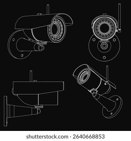 A black and white drawing of a security camera. The camera is mounted on a wall and has a small antenna. The camera is designed to be wireless and has a small lens