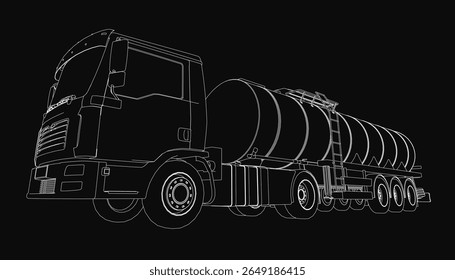 Desenho a preto e branco de um semircaminhão que transporta um reboque-cisterna, colocado sobre um fundo escuro e temperado. O esboço detalhado apresenta linhas em negrito e alto contraste, enfatizando o caminhão robusto.