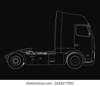 Um desenho preto e branco de um semi caminhão sobre um fundo preto forte destaca seu design elegante e moderno. Faróis detalhados, grade e rodas se destacam contra o fundo escuro.