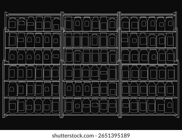 A black and white drawing of a shelf neatly organized with jars for bottle storage, showcasing an efficient rack system. The clean lines and orderly arrangement emphasize functionality and simplicity.
