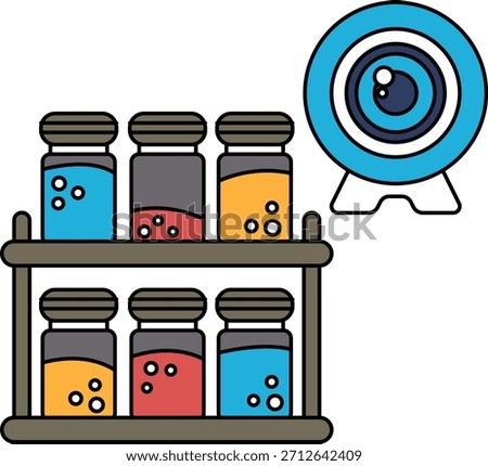 A black and white drawing of a shelf with six jars of spices and a camera. The camera is placed on the right side of the shelf