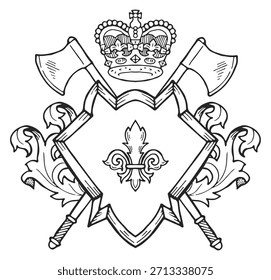 Un dibujo en blanco y negro de un escudo con una corona y dos hachas
