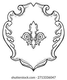 A black and white drawing of a shield with a fleur de lis on it