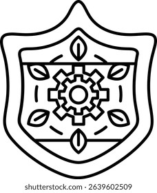 A black and white drawing of a shield with a gear on it. The shield is surrounded by leaves and has a circular shape