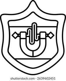 A black and white drawing of a shield with a magnet on it. The magnet is in the middle of the shield and is surrounded by four arrows