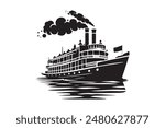  a black and white drawing of a ship with smoke coming out of the top.
