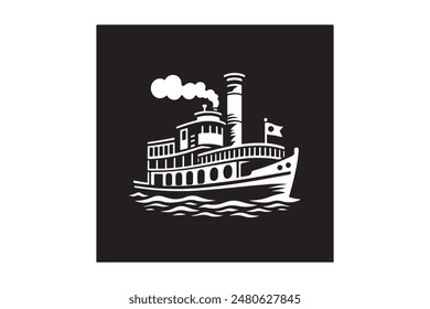  un dibujo en blanco y negro de un barco con humo saliendo de la parte superior.
