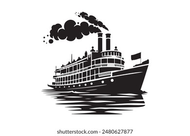  a black and white drawing of a ship with smoke coming out of the top.
