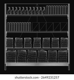 A black and white drawing of a shop shelf filled with bottles and various objects, arranged neatly on a dark rack. The dark background creates a mysterious and vintage atmosphere, perfect for themes.