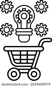 A black and white drawing of a shopping cart with a light bulb on top. The light bulb is surrounded by gears, which represent the idea of innovation and progress