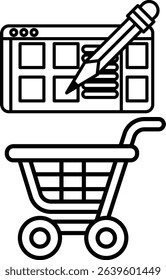 A black and white drawing of a shopping cart with a pencil on it. The drawing is of a shopping cart with a pencil on it, and it is important to not just write what is on the image