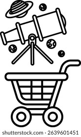 A black and white drawing of a shopping cart with a telescope on top. The cart is filled with various items, including a few balls and a book. Concept of curiosity and exploration
