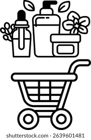 A black and white drawing of a shopping cart with various items in it, including a bottle of lotion and a bottle of perfume
