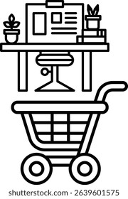 A black and white drawing of a shopping cart with a desk and chair in the background. The desk has a computer monitor and a plant on it
