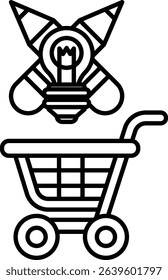 A black and white drawing of a shopping cart with a light bulb on top of it. The light bulb is surrounded by a few other objects, including a rocket and a stick figure