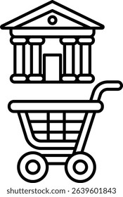 A black and white drawing of a shopping cart next to a building with columns. The cart is empty