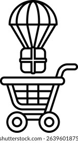 A black and white drawing of a shopping cart with a balloon on top of it. The balloon is surrounded by a net, and the cart is filled with boxes. Concept of excitement and adventure