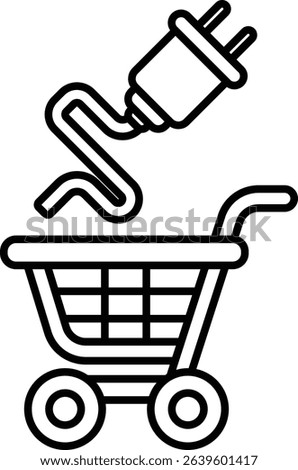 A black and white drawing of a shopping cart with a plug sticking out of it. Concept of shopping and the importance of electricity in powering the devices we use while shopping