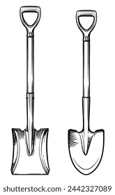 Black and white drawing of a shovel. Vector illustration of two shovels.