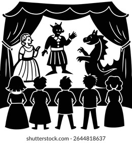 Black and white drawing showcases kids enjoying a show featuring a female character, a horned demon figure, and a scaly dragon, all rendered in striking silhouette art.